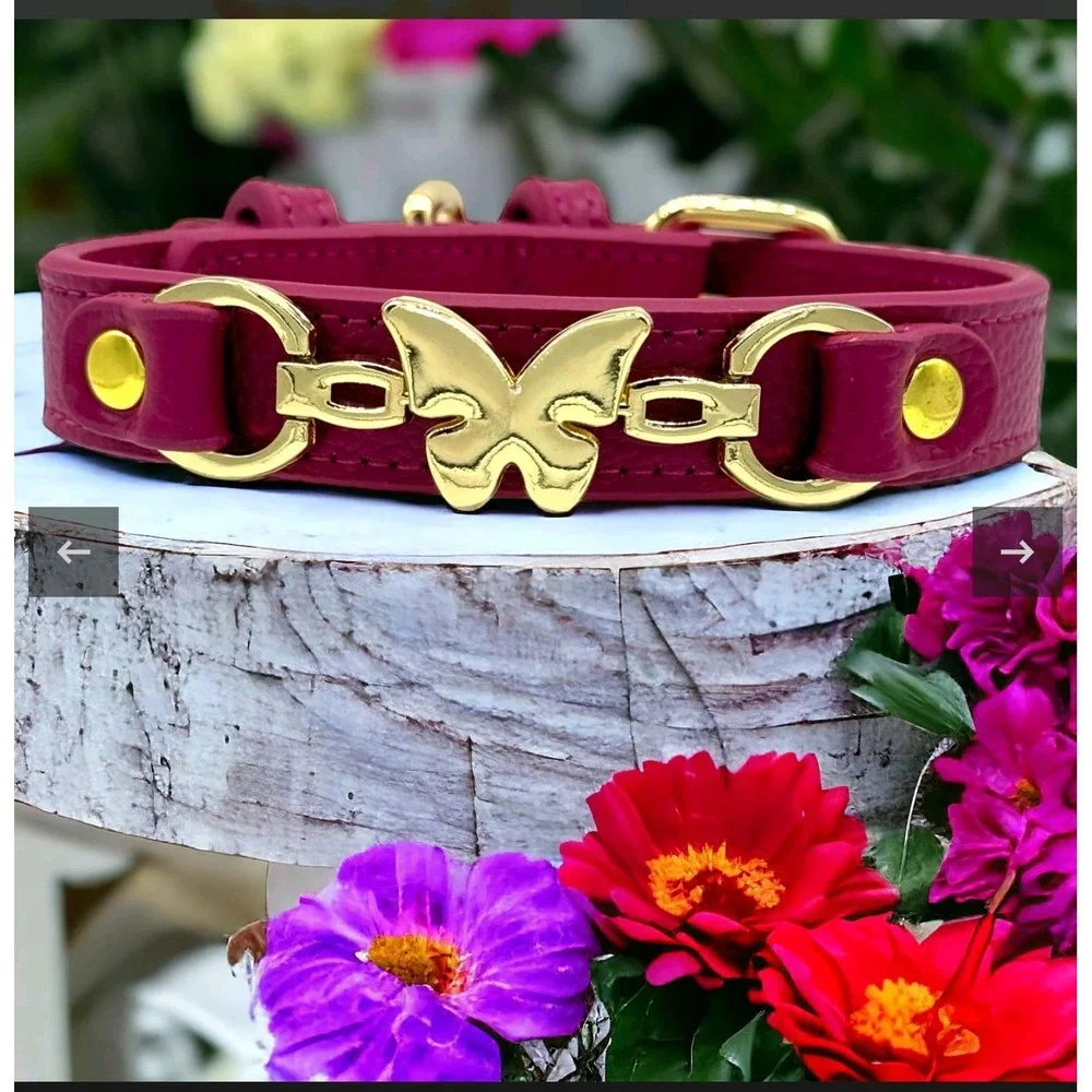 Butterfly Handmade Leather Dog Collar XL Red Violet New